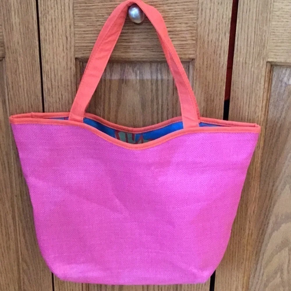PINK and orange tote bag with blue tropical interior